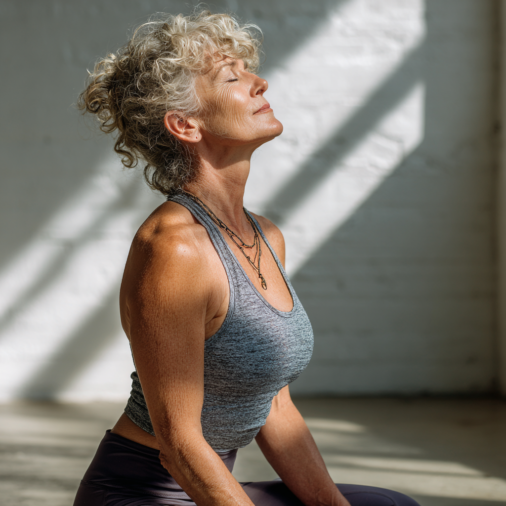 Mature woman in her fifties performing a gentle yoga pose in a bright studio space, demonstrating flexibility and wellness for adults in their prime years