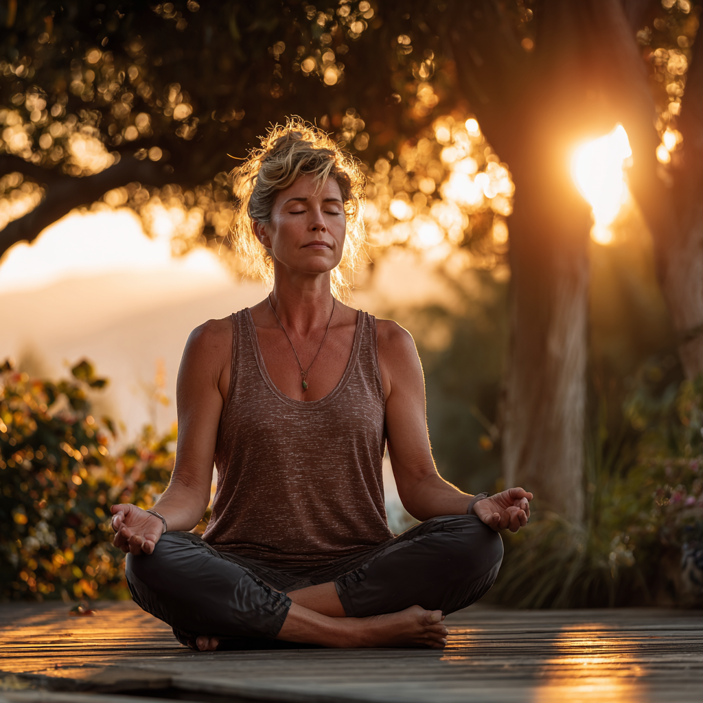 Peaceful woman in her forties practicing yoga meditation in a serene outdoor setting with natural lighting, showing mindfulness and inner balance